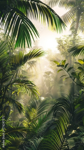 Illustration of a wild tropical jungle in muted green colors