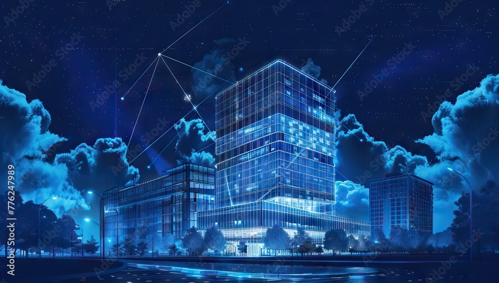 A blueprint of an office building, hightech design with blue lines and white dots on dark background. AI generated illustration - obrazy, fototapety, plakaty 