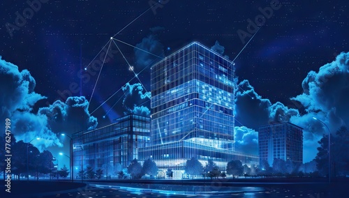 A blueprint of an office building, hightech design with blue lines and white dots on dark background. AI generated illustration