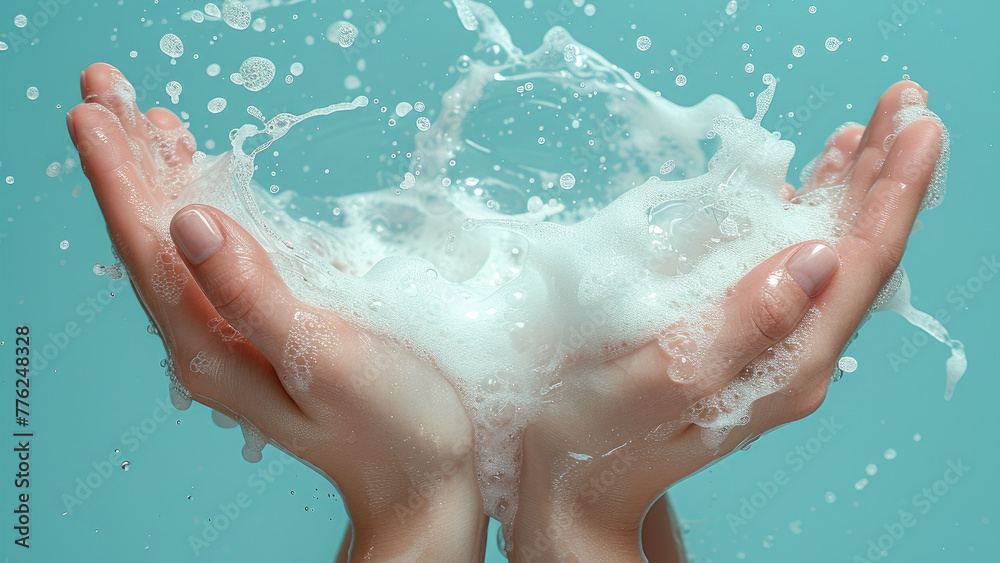 Realistic close up of foam in female hand, on light blue background. Closeup of woman washing hands on light blue background. Hygiene and body care concept.
