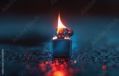 a lighter with a burning flame on a dark background, for smokers' style © Beny