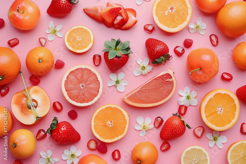 A colorful fruit salad with oranges, strawberries, and raspberries. The image has a vibrant and cheerful mood, with the bright colors of the fruits creating a sense of freshness and health