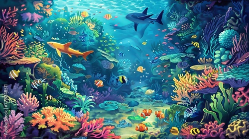 Discover the vibrant underwater world! Witness playful marine creatures, colorful coral reefs, and diverse ocean habitats in this enchanting illustration. © Suleyman