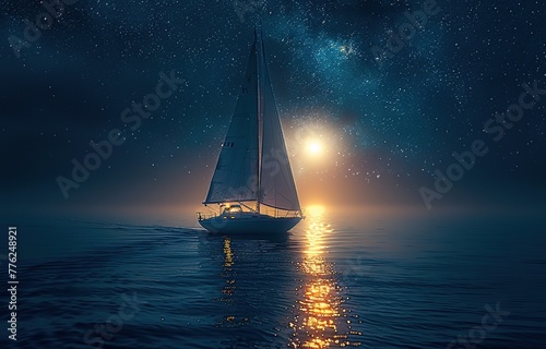 sailing boat in the sea at night, the sky is clear and full of stars and the sea water is calm