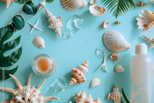 A beach scene with seashells, a bottle of sunscreen, and a bottle of lotion
