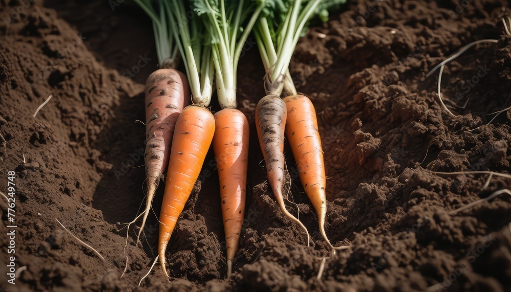 Fresh carrots basking in the sunlight on an organic farm, embodying the essence of sustainable agriculture and eco-friendly produce Fresh carrots basking in the sunlight on an organic farm, embodying the essence of sustainable agriculture and eco-friendly produce