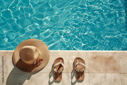 A pair of sandals and a straw hat are sitting on a ledge next to a pool. Concept of relaxation and leisure, as the items suggest a day spent by the water