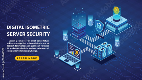 Digital isometric server security and digital Crypto Mining technology on blue background, Crypto currency mining concept dollar coin, Blockchain Farm composition.