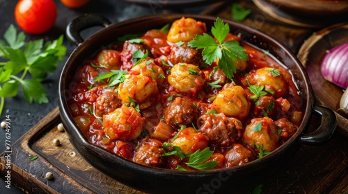 A dish with chili. Gnocchi are balls of dough in tomato sauce with sausages and onions.