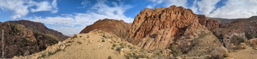 Jordan Trail from Um Qais to Aqaba, beautiful mountains,rocks and desert panorama landscape view during this long distance trail 