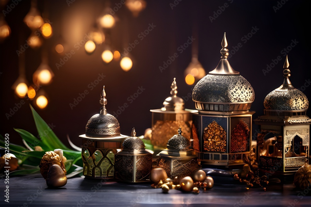 Islamic lanterns and decorations on a table, adding a touch of elegance and cultural charm. Islamic lanterns and decorations on a table, adding a touch of elegance and cultural charm.