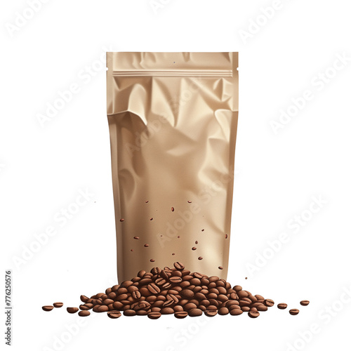 A brown sack overflowing with roasted coffee beans, aromatic fuel for your morning cup photo