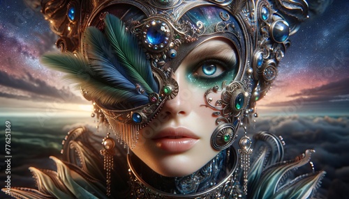 Woman Portrait in Lace Jewelry Mask. Mesmerizing Myth Fairy Face. AI Generated. Hypnotized Beauty Young Person. Space Celestial Warrior Avatar. Artificial Art Background. Glamour Luxury Rich Style © Artificial Ambience