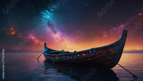 A vividly shimmering starry skiff drifts through an endless cosmic expanse, its sleek silhouette adorned with constellations that seem to dance with light.