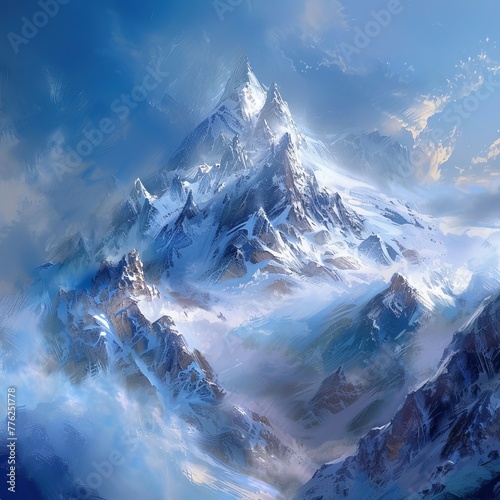 Artistic Representation of Majestic Snow-Capped Mountain Peak Amidst Ethereal Clouds