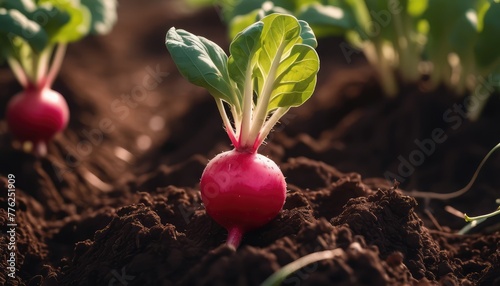 Scenic view of ripe radishes in a rustic farm setting, capturing the beauty of sustainable farming practices and natural abundance