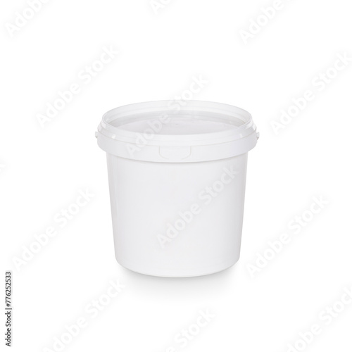 White plastic bucket with lid on transparent background. Empty insulated plastic container on transparent background. Plastic container transparent background. Bucket paint insulated white background