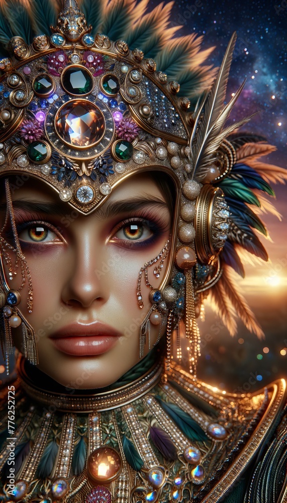 Woman Portrait in Lace Jewelry Mask. Mesmerizing Myth Fairy Face. AI Generated. Hypnotized Beauty Young Person. Space Celestial Warrior Avatar. Artificial Art Background. Glamour Luxury Rich Style