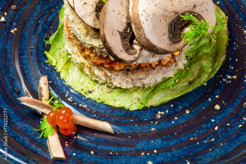 gourmet meal with mushrooms and caviar