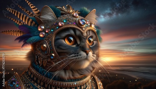 Enchanted Feline Warrior with Jeweled Accents Hemet. Mystical Cat Portrait in Digital Art. Vibrant Symmetry of Fantasy and Elegance.  photo