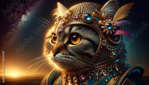 Enchanted Feline Warrior with Jeweled Accents Hemet. Mystical Cat Portrait in Digital Art. Vibrant Symmetry of Fantasy and Elegance.  photo