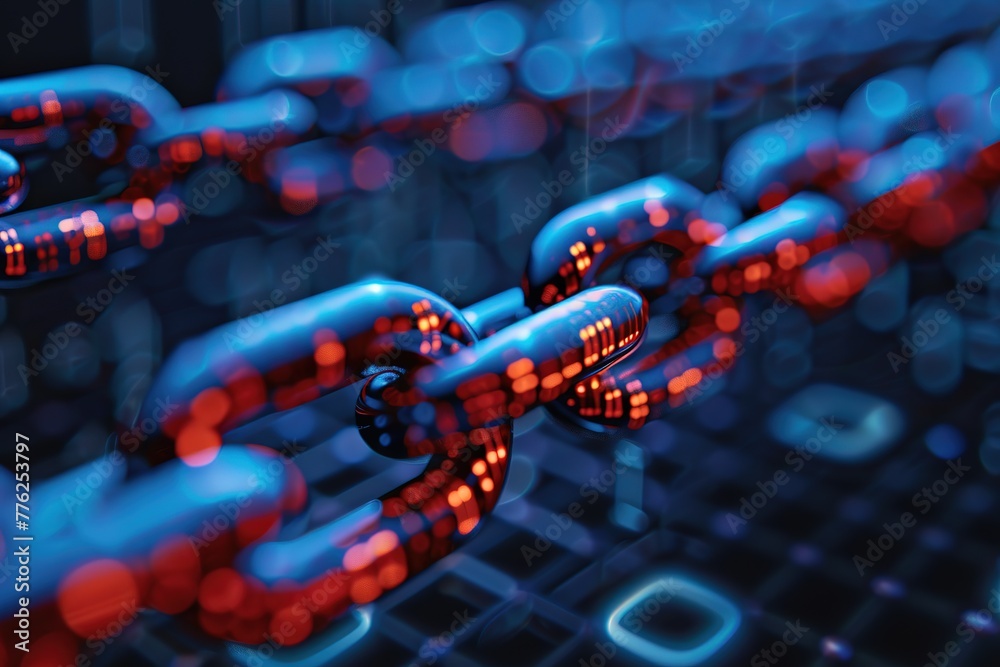 3d illustration of metal chain links with red and blue lights, Ai Generated