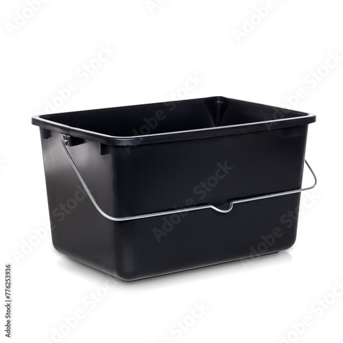 New empty plastic construction bucket, on transparent background. Black rectangular plastic bucket, insulated on transparent background