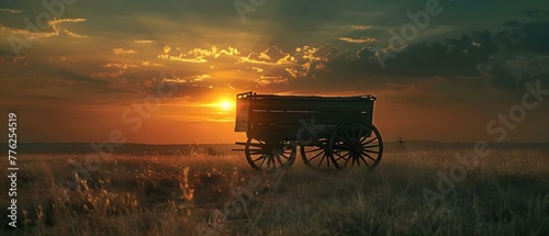 Cowboy Movie Set with Horse-Drawn Wagon in Old West at Sunset. Concept Old West, Cowboy Movie Set, Horse-Drawn Wagon, Sunset, Western Theme photo