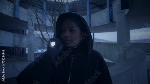 Scared Female Person in Black Clothes Run Away From Suspicious Character 