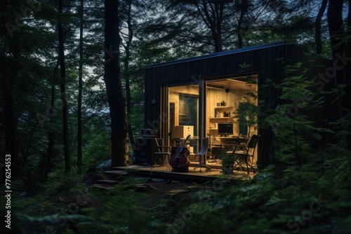 Recording studio, An outdoor forest recording studio for nature inspired creativity, Modern podcast studio or interview room at a home office and calm nature background, AI generated