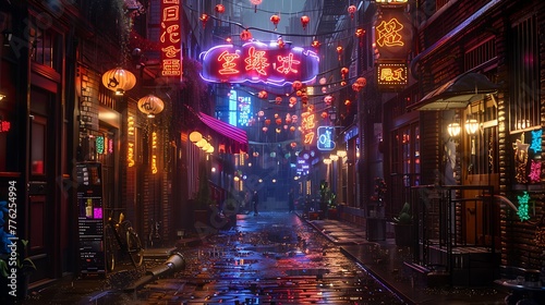 Neon signs lighting up a bustling alleyway