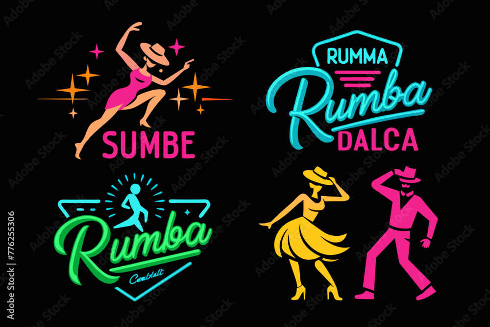 Vibrant Neon Ballroom Dance Club Signage Featuring Energetic Silhouettes of Couples, Dance Shoes, and Brush. Illuminate Your Rumba, Salsa, and Samba Nights in Style! Vector Illustration four image 