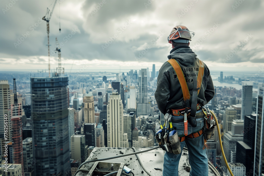 Construction Worker Overlooking City Skyline From Skyscraper Construction Worker Overlooking City Skyline From Skyscraper