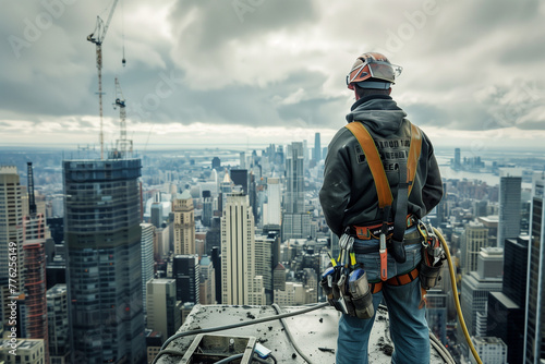 Construction Worker Overlooking City Skyline From Skyscraper photo