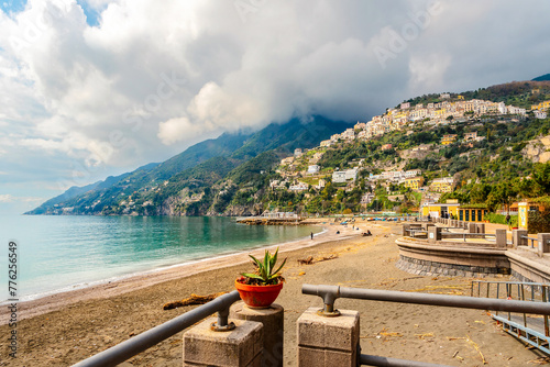 The beach in Vietri sul Mare in spring. View of the city beach and the sea photo