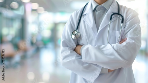 Professional Healthcare Provider with Stethoscope - Right-Side Standing Pose Against a Softly Blurred Hospital Setting.