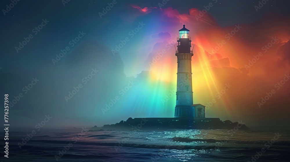 A lighthouse stands as a beacon of hope against a stormy sunset sky painted in dramatic shades of blue, orange, and pink.