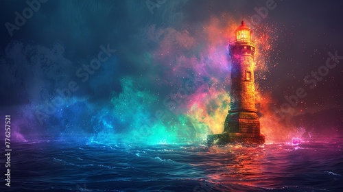 A lighthouse stands as a beacon of hope against a stormy sunset sky painted in dramatic shades of blue, orange, and pink.