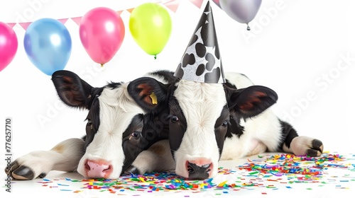  A couple of cows resting side by side on a confetti-covered, balloon-filled floor