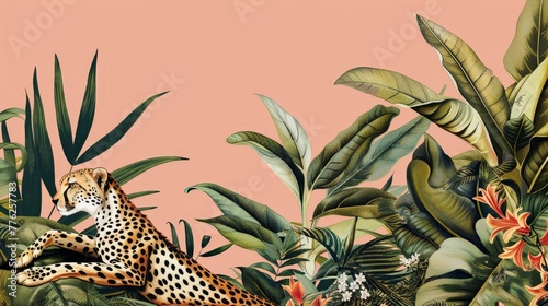   A cheetah reclines in a lush jungle of greens and blooms against a pink backdrop  with a nearby pink wall