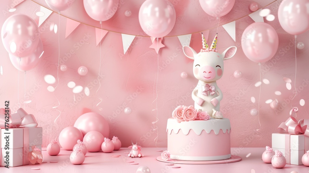   A pink birthday cake, topped with a little girl's cake topper Balloons and streamers fill the background