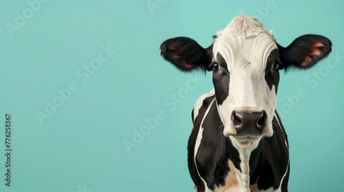 Black and White Cow Against Blue Background photo