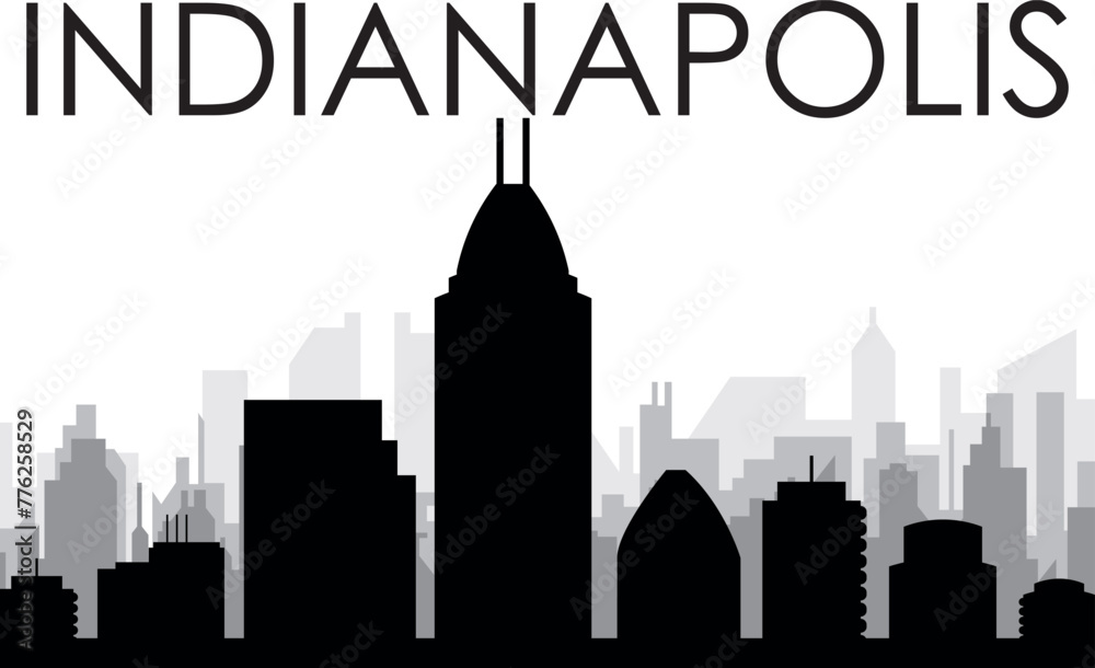 Black cityscape skyline panorama with gray misty city buildings background of INDIANAPOLIS, UNITED STATES