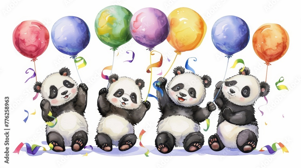 A cluster of pandas seated together, surrounded by balloons and confetti A cluster of pandas seated together, surrounded by balloons and confetti