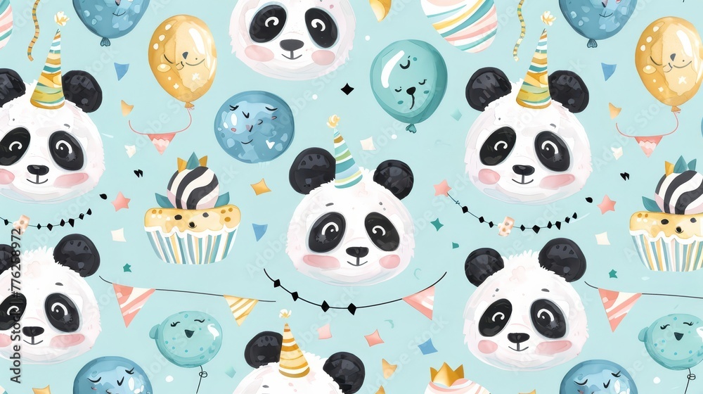   A panda bearing a birthday hat and holding a cupcake on a string, surrounded by balloons and confetti against a blue background
