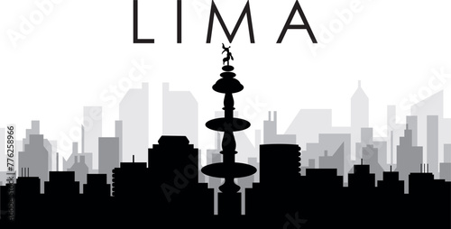 Black cityscape skyline panorama with gray misty city buildings background of LIMA, PERU