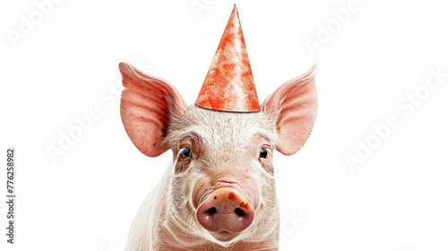  A pig wearing a party hat gazes at the camera, sporting a humorous expression
