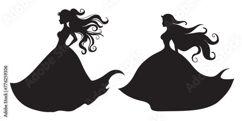 Black silhouette of a beautiful princess in a long dress. Vector illustration