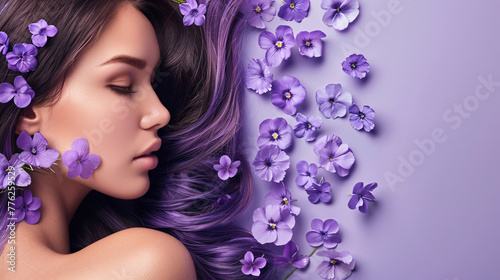Girl with purple flowers in lush hair on a pastel purple background © Kavindu Dilshan