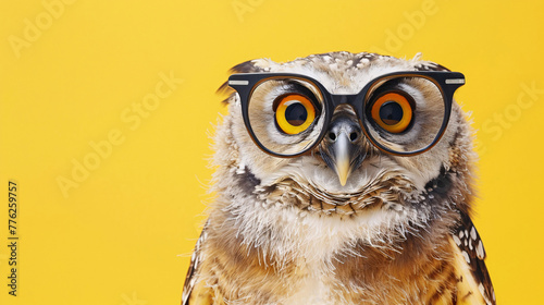 cute owl with specs isolated on a yellow background © Kavindu Dilshan